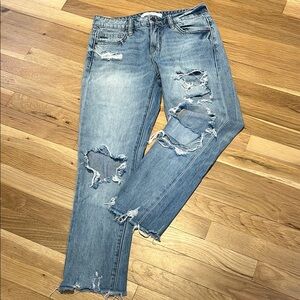 Flare Wide Leg Blue Jeans with Vintage Distressing